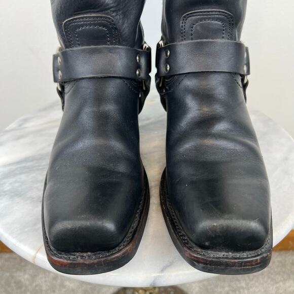 Frye Harness Black Leather Moto Mid-Calf Block Heel Square Toe Boots (Sz 10) - Picture 7 of 14